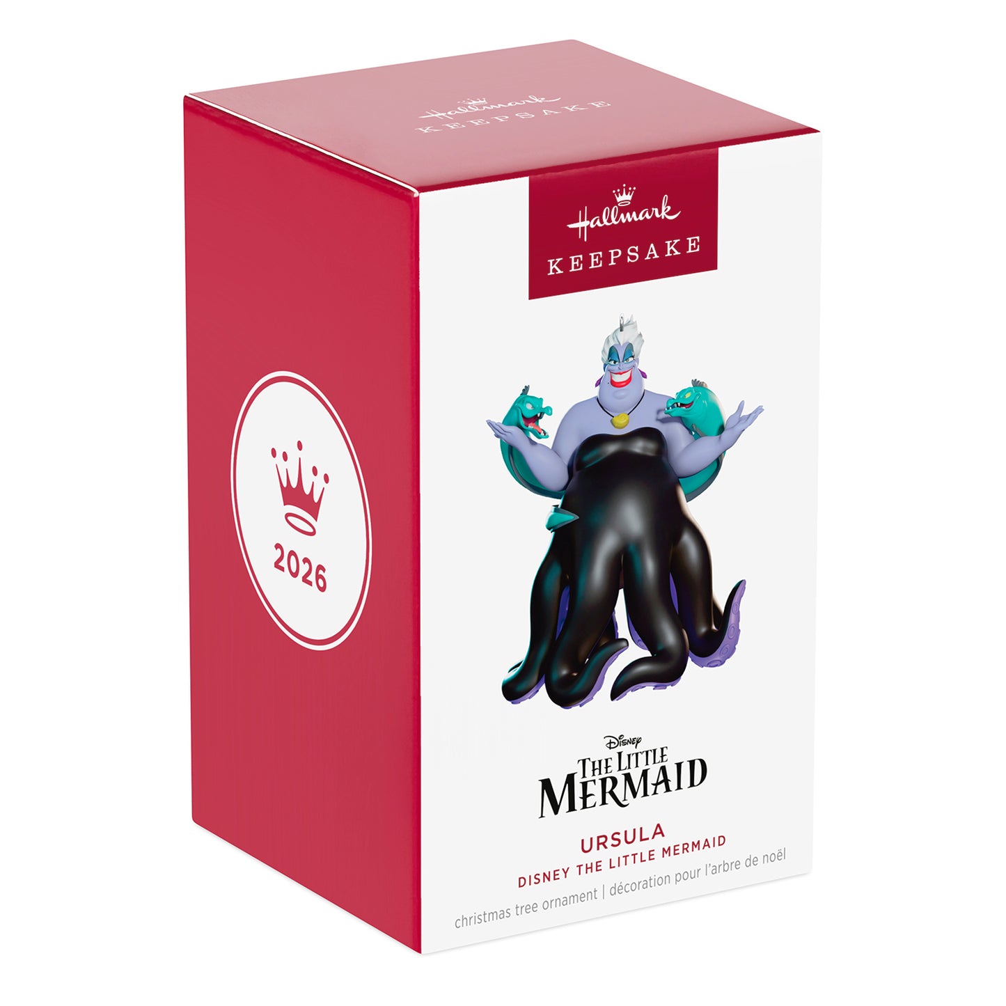 Disney The Little Mermaid Ursula — 2026 Hallmark Keepsake Christmas Ornament in decorative packaging, featuring Ursula and her moray eel spies.