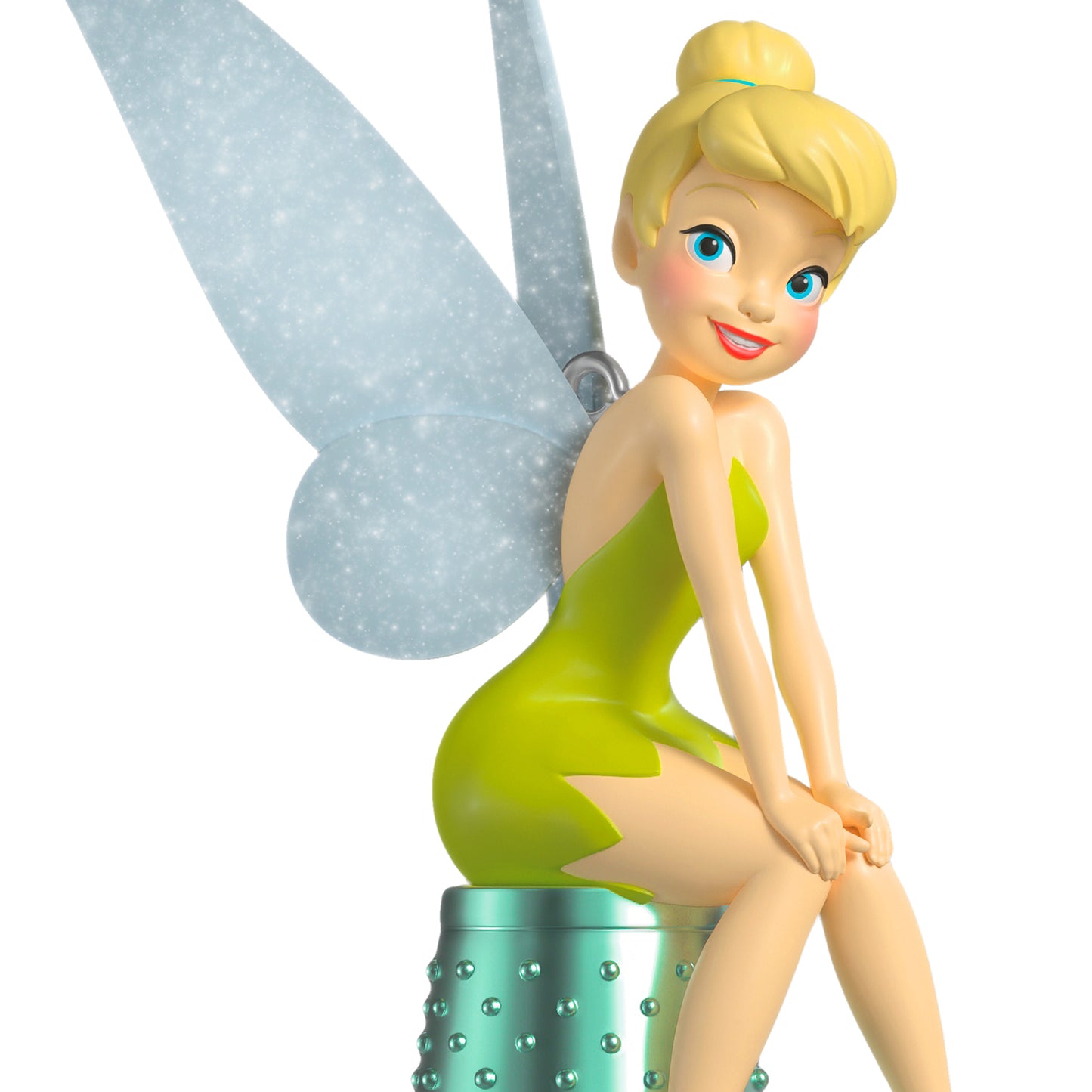 Disney Peter Pan Precocious Pixie — 2026 Hallmark Keepsake Christmas Ornament, Tinker Bell in green dress with iridescent thimble, close up view.