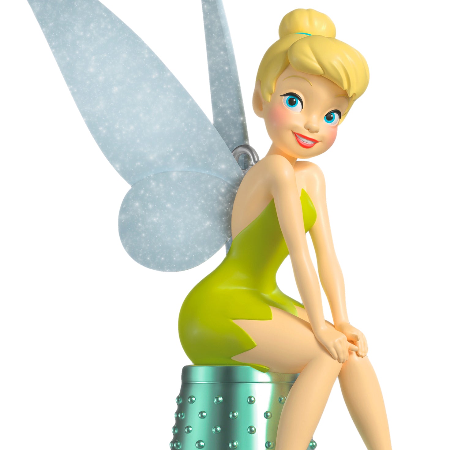 Disney Peter Pan Precocious Pixie — 2026 Hallmark Keepsake Christmas Ornament, Tinker Bell in green dress with iridescent thimble, close up view.
