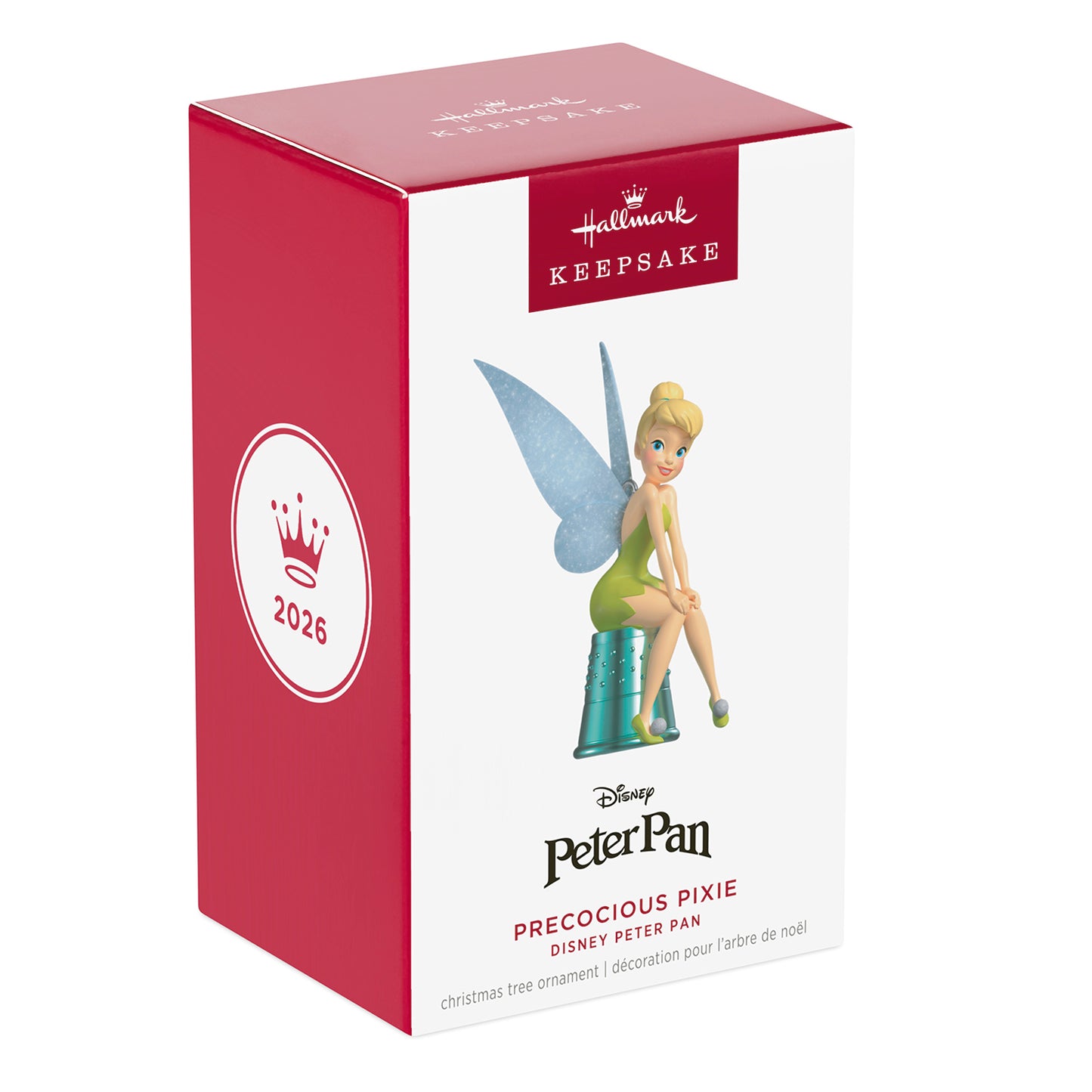 Disney Peter Pan Precocious Pixie — 2026 Hallmark Keepsake Christmas Ornament packaging in red and white with Tinker Bell design.