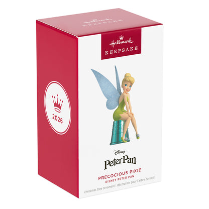Disney Peter Pan Precocious Pixie — 2026 Hallmark Keepsake Christmas Ornament packaging in red and white with Tinker Bell design.