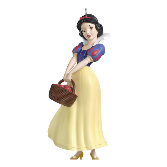 Disney Snow White and the Seven Dwarfs The Fairest One of All — 2026 Hallmark Keepsake Christmas Ornament dressed in blue and yellow, holding a basket of apples