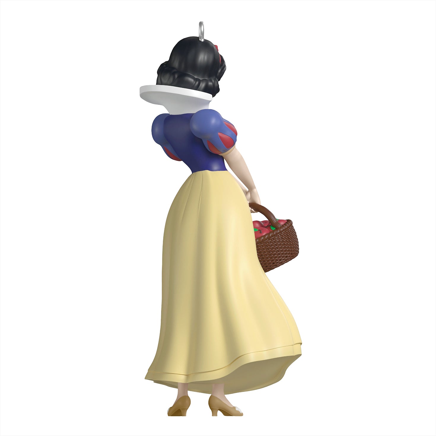 Disney Snow White and the Seven Dwarfs The Fairest One of All — 2026 Hallmark Keepsake Christmas Ornament, princess figurine in blue and yellow dress, back view, holding basket of apples.