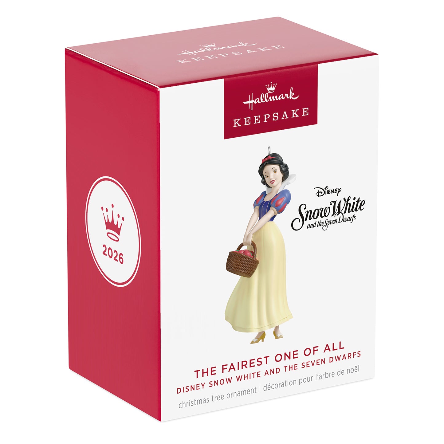 Disney Snow White and the Seven Dwarfs The Fairest One of All — 2026 Hallmark Keepsake Christmas Ornament box design with bright red colour and princess illustration.