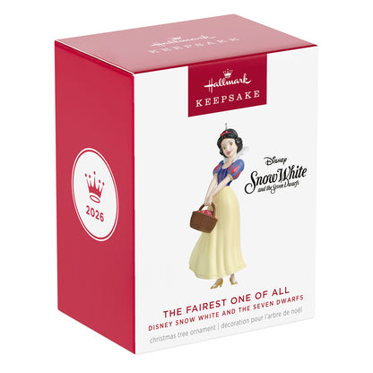 Disney Snow White and the Seven Dwarfs The Fairest One of All — 2026 Hallmark Keepsake Christmas Ornament box design with bright red colour and princess illustration.