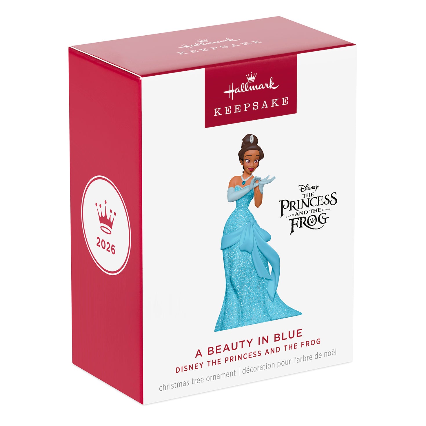 Disney The Princess and the Frog A Beauty in Blue — 2026 Hallmark Keepsake Christmas Ornament box packaging featuring elegant design.