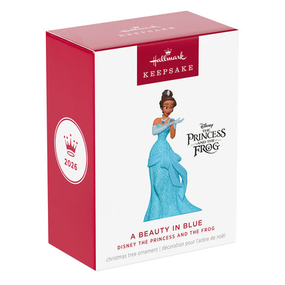 Disney The Princess and the Frog A Beauty in Blue — 2026 Hallmark Keepsake Christmas Ornament box packaging featuring elegant design.