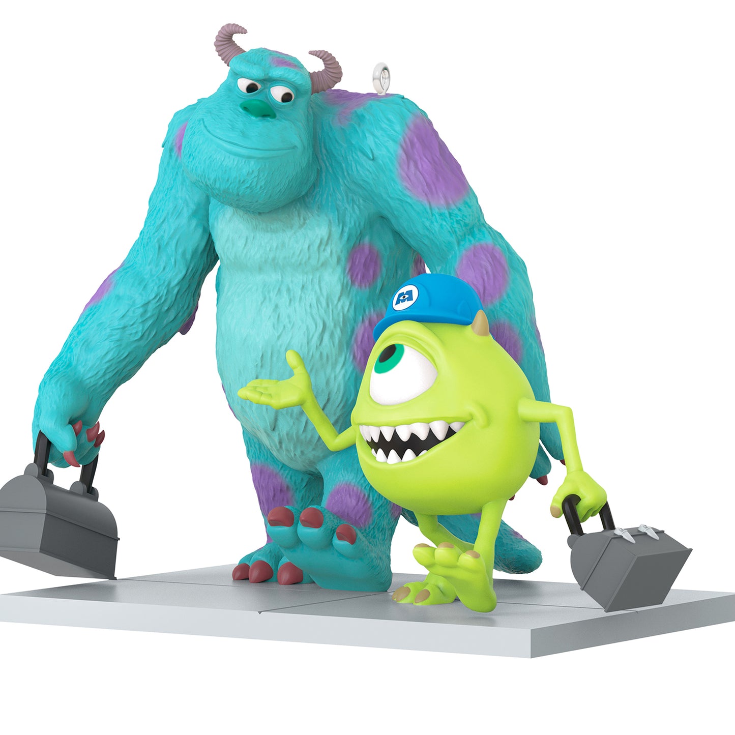 Disney/Pixar Monsters, Inc. Mike and Sulley — 2026 Hallmark Keepsake Christmas Ornament, detailed figurine, angled view, carrying lunch boxes.