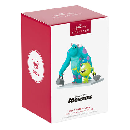 Disney/Pixar Monsters, Inc. Mike and Sulley — 2026 Hallmark Keepsake Christmas Ornament packaging box featuring vibrant graphics and character details.
