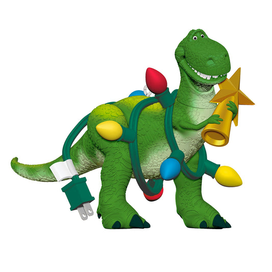 Disney/Pixar Toy Story Wrapped-Up Rex — 2026 Hallmark Keepsake Christmas Ornament, festive Rex tangled in lights holding a star.