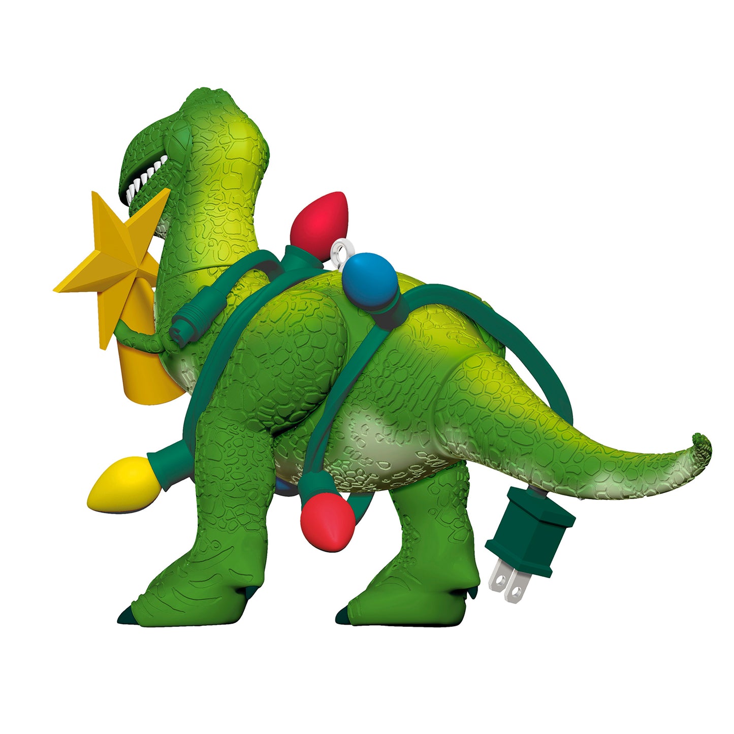 Disney/Pixar Toy Story Wrapped-Up Rex — 2026 Hallmark Keepsake Christmas Ornament in vibrant green, holding a star and tangled in colourful lights.