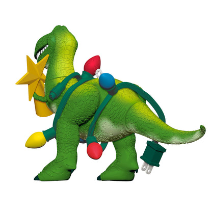 Disney/Pixar Toy Story Wrapped-Up Rex — 2026 Hallmark Keepsake Christmas Ornament in vibrant green, holding a star and tangled in colourful lights.