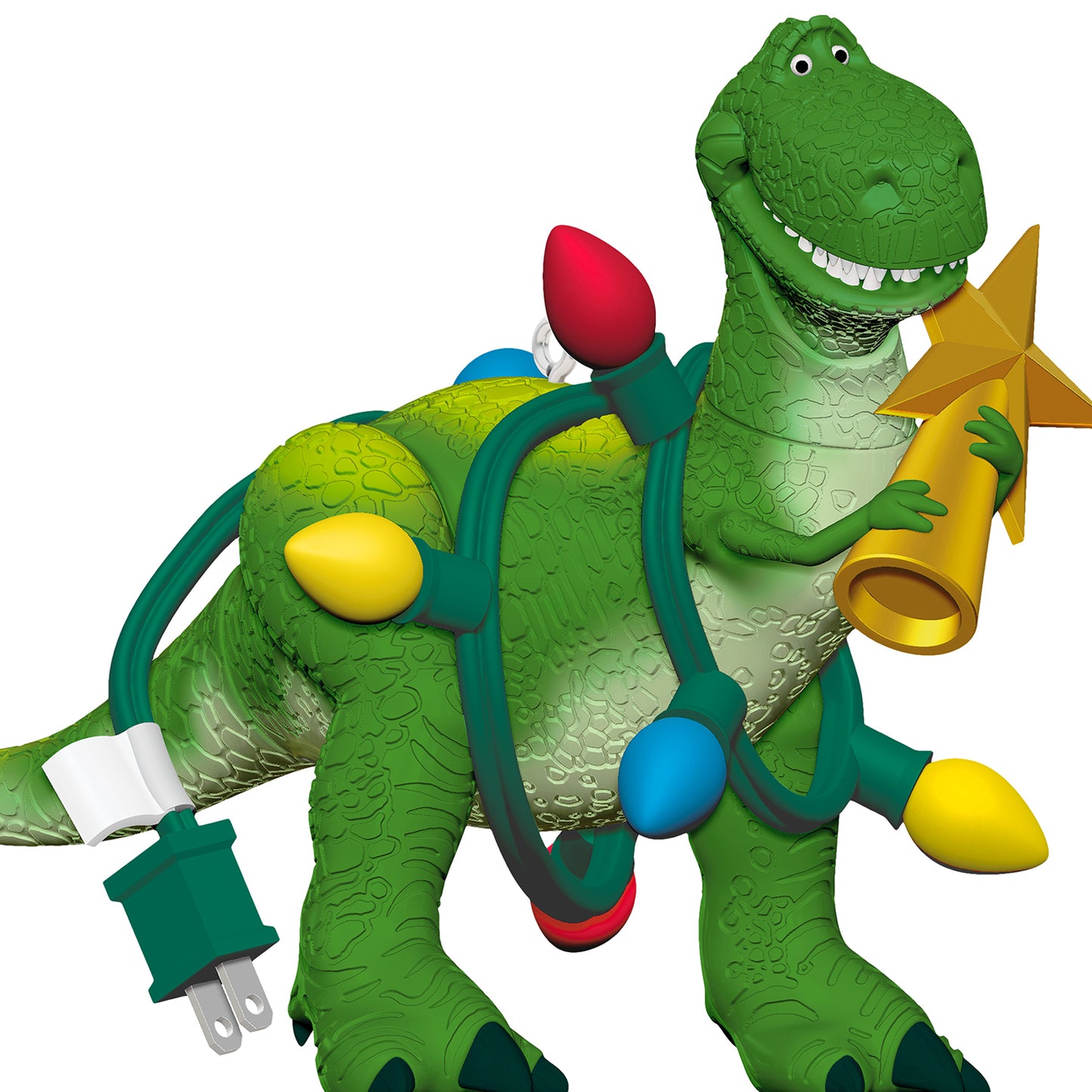 Disney/Pixar Toy Story Wrapped-Up Rex — 2026 Hallmark Keepsake Christmas Ornament with colourful lights and gold star.