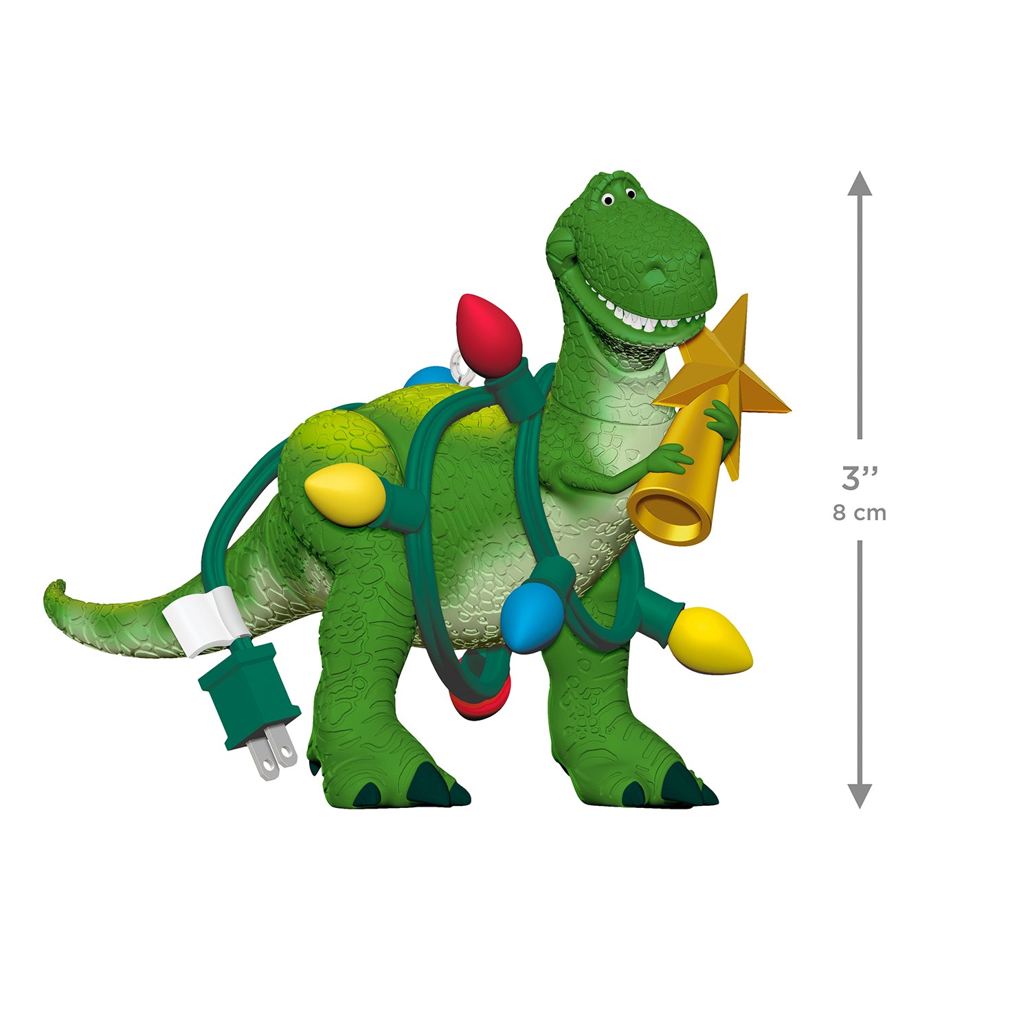 Disney/Pixar Toy Story Wrapped-Up Rex — 2026 Hallmark Keepsake Christmas Ornament in green, holding a star while tangled in lights, 8 cm tall.