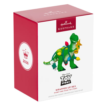 Disney/Pixar Toy Story Wrapped-Up Rex — 2026 Hallmark Keepsake Christmas Ornament in decorative box, featuring vibrant colours and lights.