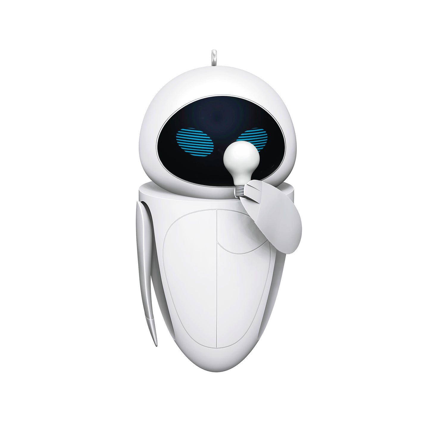 Disney/Pixar Wall-E Eve — 2026 Hallmark Keepsake Christmas Ornament, white and black droid holding a light bulb, close up view