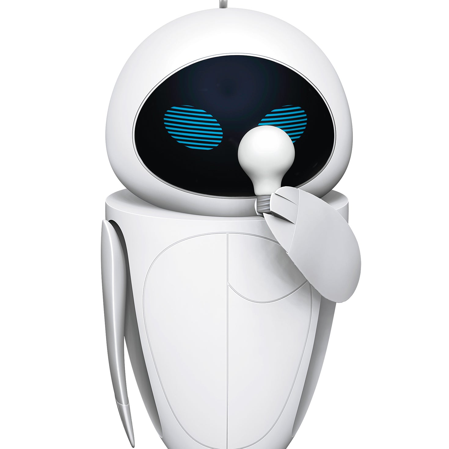 Disney/Pixar Wall-E Eve — 2026 Hallmark Keepsake Christmas Ornament, detailed view of white probe droid holding light bulb.