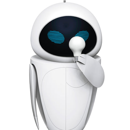 Disney/Pixar Wall-E Eve — 2026 Hallmark Keepsake Christmas Ornament, detailed view of white probe droid holding light bulb.
