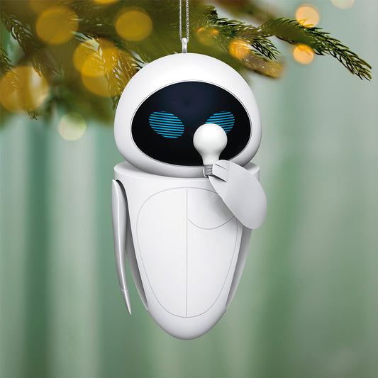 Disney/Pixar Wall-E Eve — 2026 Hallmark Keepsake Christmas Ornament, white and black droid hanging on a Christmas tree, soft bokeh background.