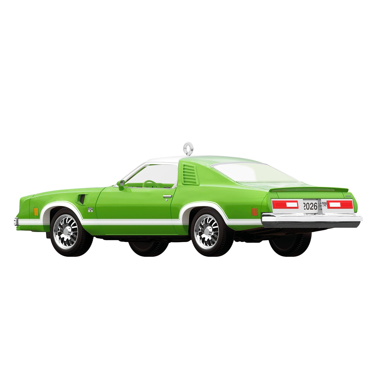 1976 Chevrolet Chevelle Laguna S-3 50th Anniversary 2026, metal ornament in sporty neon green with intricate detailing, side view.