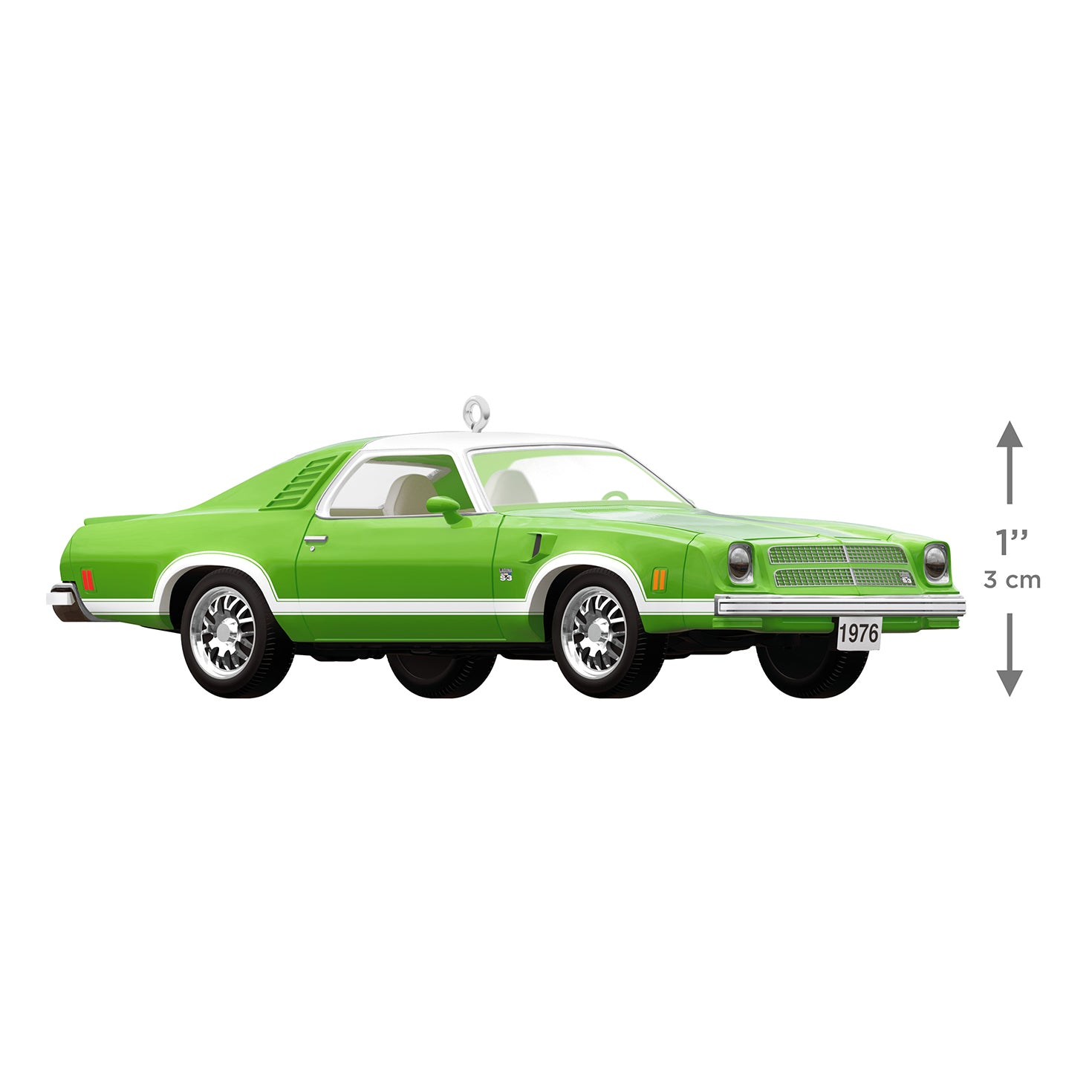 1976 Chevrolet Chevelle Laguna S-3 50th Anniversary 2026, metal ornament in neon green with detailed design, 3 cm long.