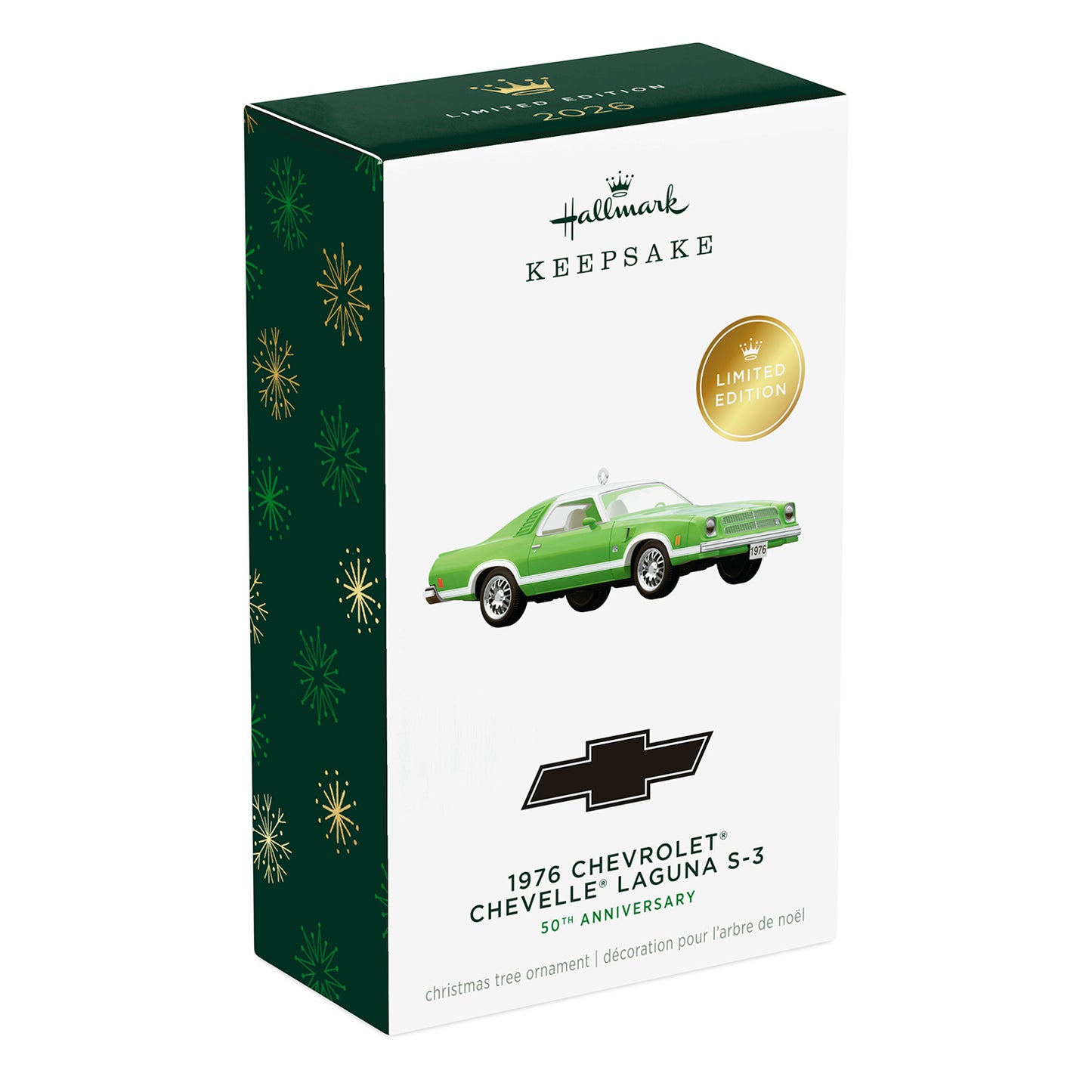 1976 Chevrolet Chevelle Laguna S-3 50th Anniversary 2026, metal Christmas ornament packaging with limited edition details.