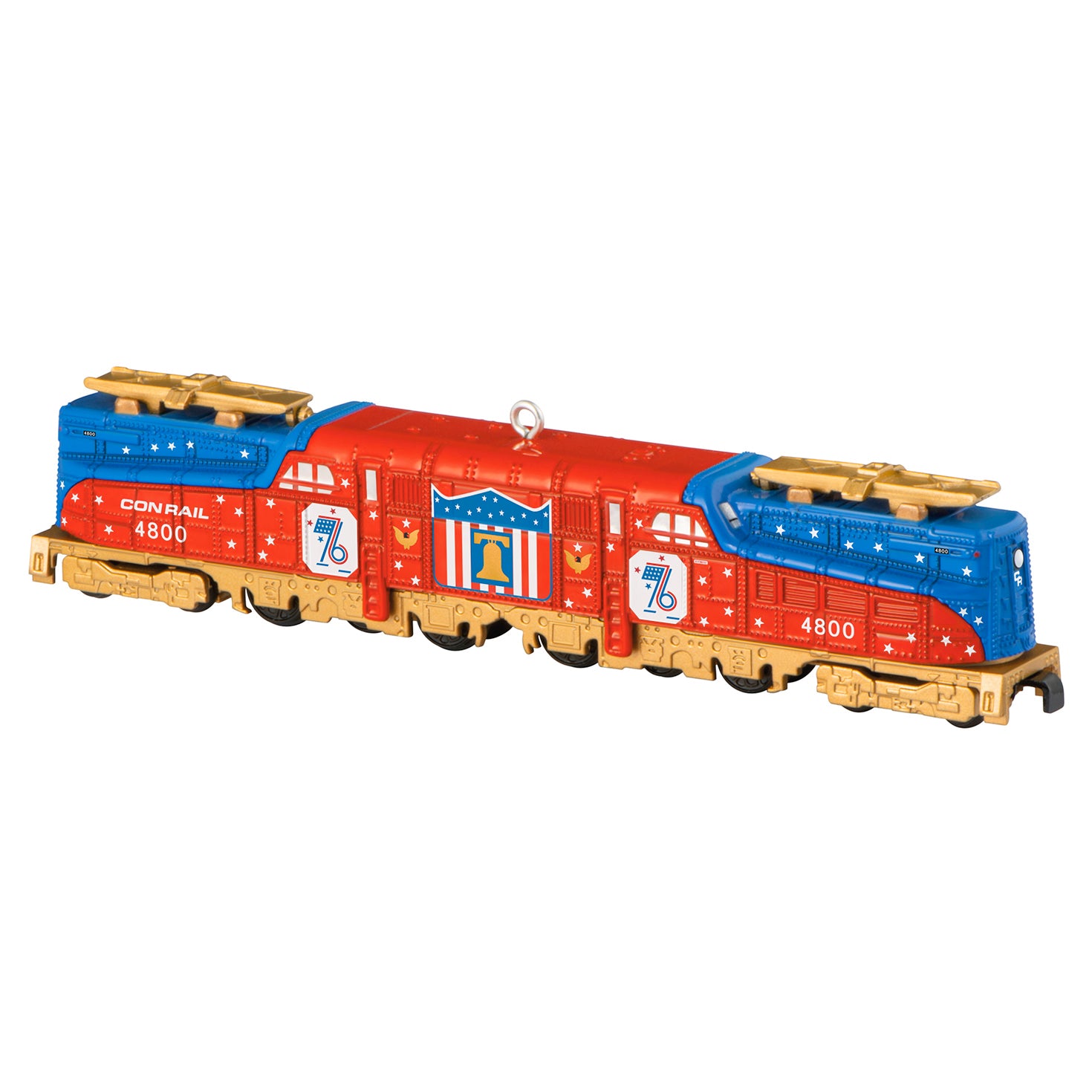 Lionel Trains Conrail Bicentennial GG1 Locomotive with gold accents, metal, vibrant red and blue design, side view.