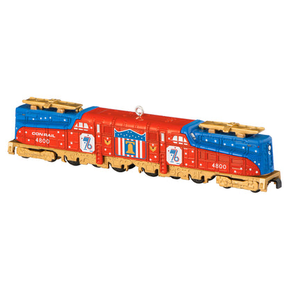 Lionel Trains Conrail Bicentennial GG1 Locomotive with gold accents, metal, vibrant red and blue design, side view.