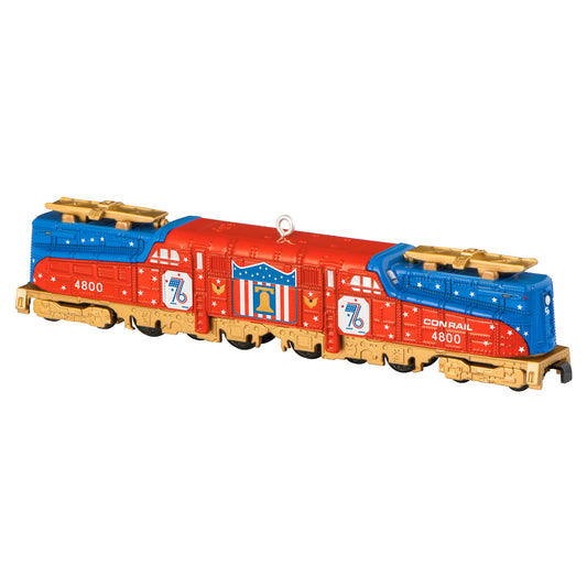 Lionel Trains Conrail Bicentennial GG1 Locomotive With Gold Accents, Metal — 2026 Hallmark Keepsake Christmas Ornament in bright red and blue with gold details.