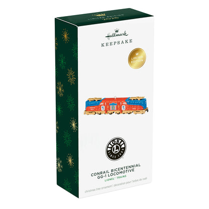 Lionel Trains Conrail Bicentennial GG1 Locomotive With Gold Accents, Metal — 2026 Hallmark Keepsake Christmas Ornament in limited edition packaging.
