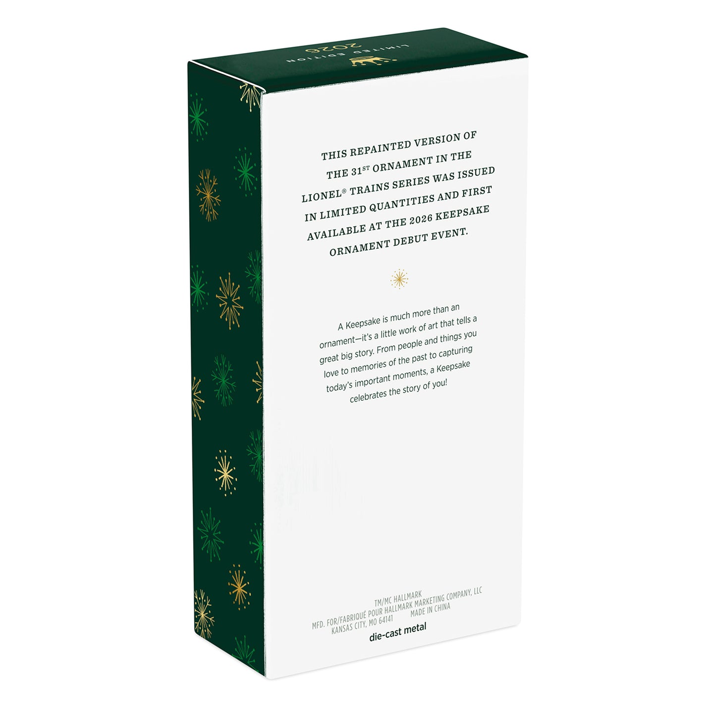 Lionel Trains Conrail Bicentennial GG1 Locomotive With Gold Accents, Metal — 2026 Hallmark Keepsake Christmas Ornament packaging, green with gold snowflakes, detailed text.