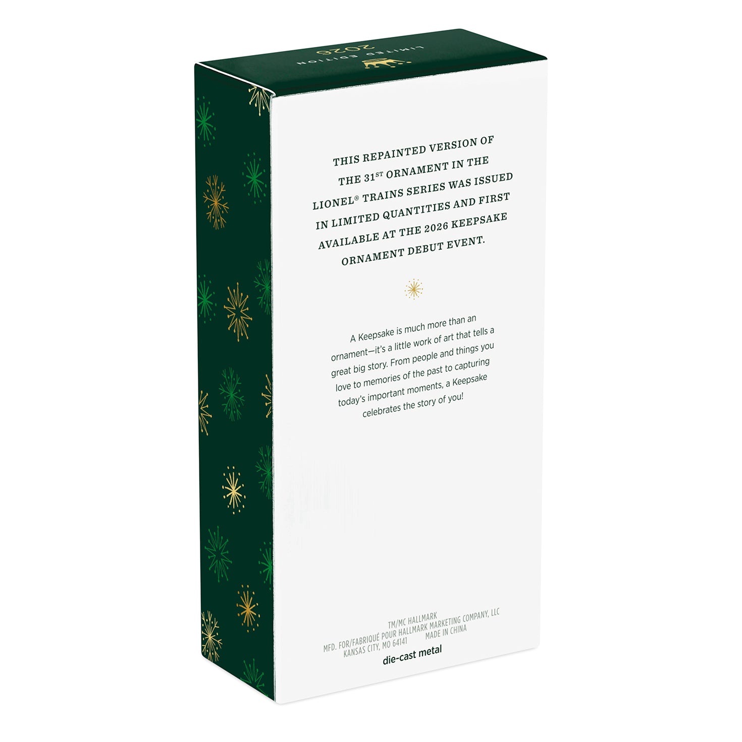 Lionel Trains Conrail Bicentennial GG1 Locomotive With Gold Accents, Metal — 2026 Hallmark Keepsake Christmas Ornament packaging, green with gold snowflakes, detailed text.