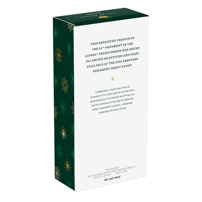 Lionel Trains Conrail Bicentennial GG1 Locomotive With Gold Accents, Metal — 2026 Hallmark Keepsake Christmas Ornament packaging, green with gold snowflakes, detailed text.