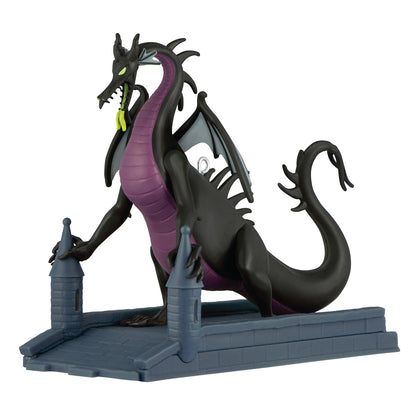 Disney Sleeping Beauty Maleficent in Dragon Form — 2026 Hallmark Keepsake Christmas Ornament showing a detailed dark dragon with purple accents on a castle bridge.