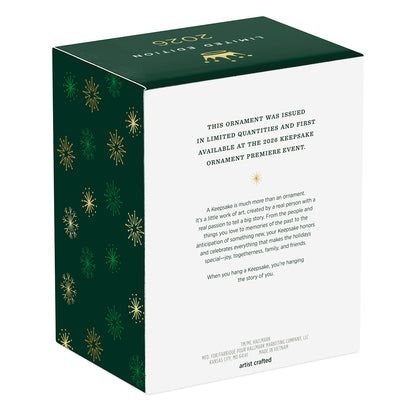 Disney Sleeping Beauty Maleficent in Dragon Form — 2026 Hallmark Keepsake Christmas Ornament packaging box with decorative snowflakes.