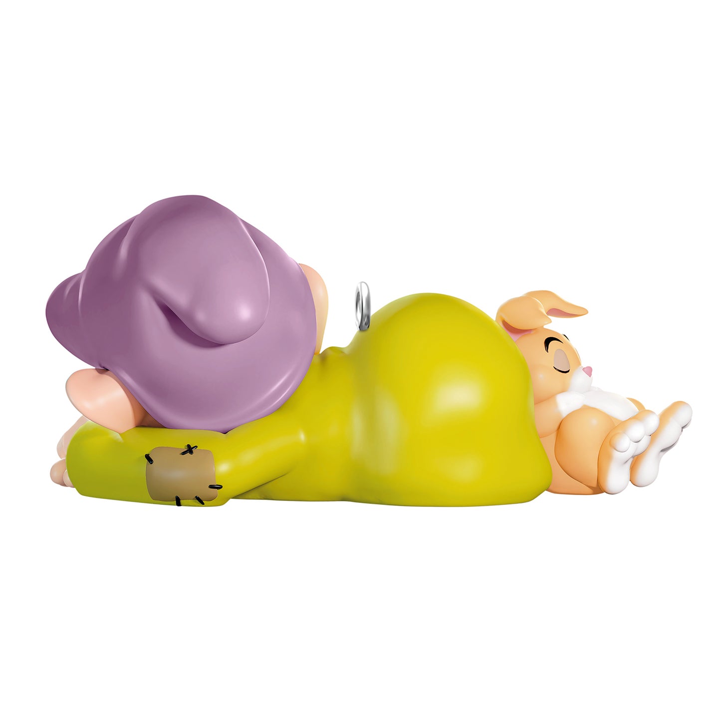 Disney Snow White and the Seven Dwarfs Dozing Dopey — 2026 Hallmark Keepsake Christmas Ornament, angled view of Dopey snoozing with a bunny.