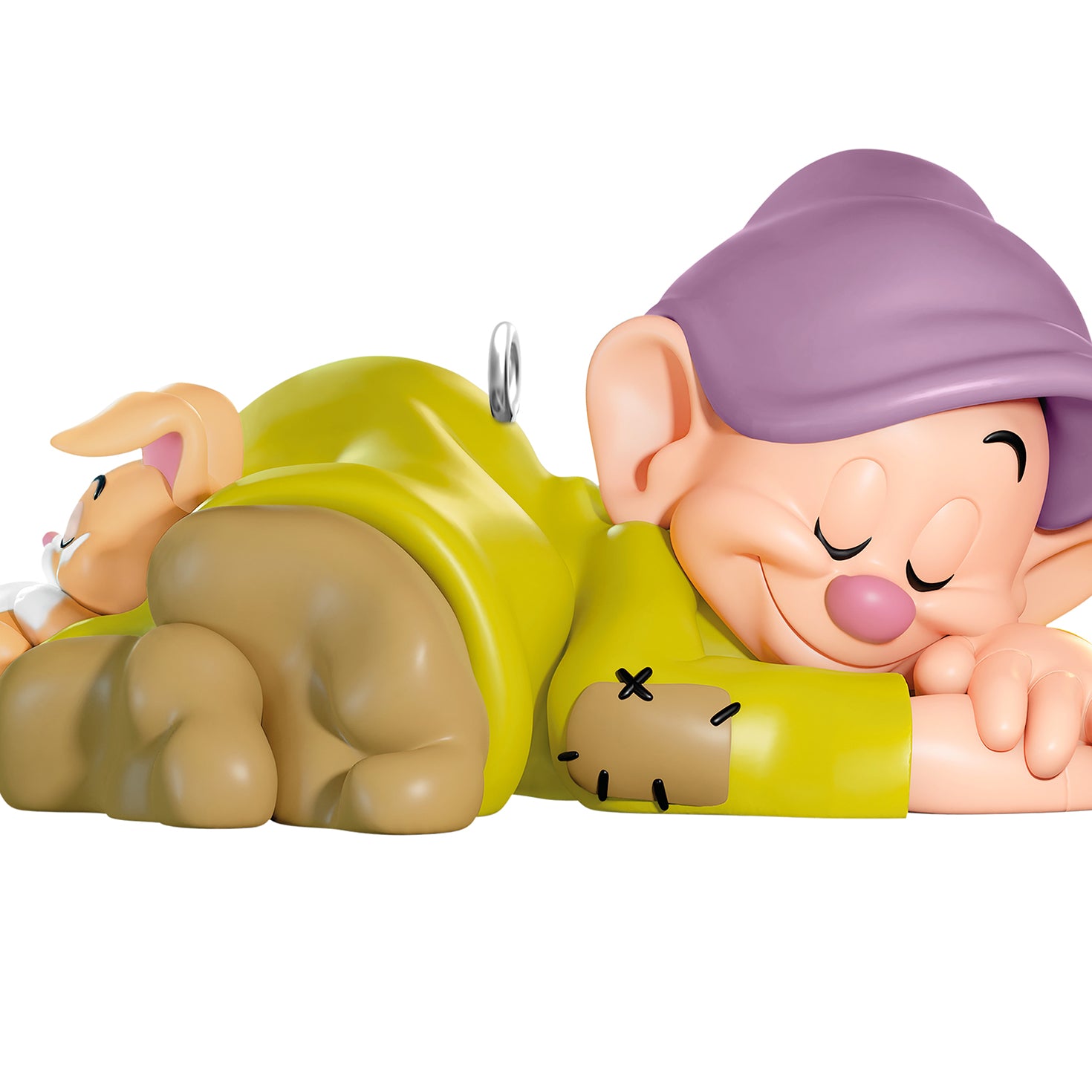 Disney Snow White and the Seven Dwarfs Dozing Dopey — 2026 Hallmark Keepsake Christmas Ornament, side view highlighting Dopey and a bunny.