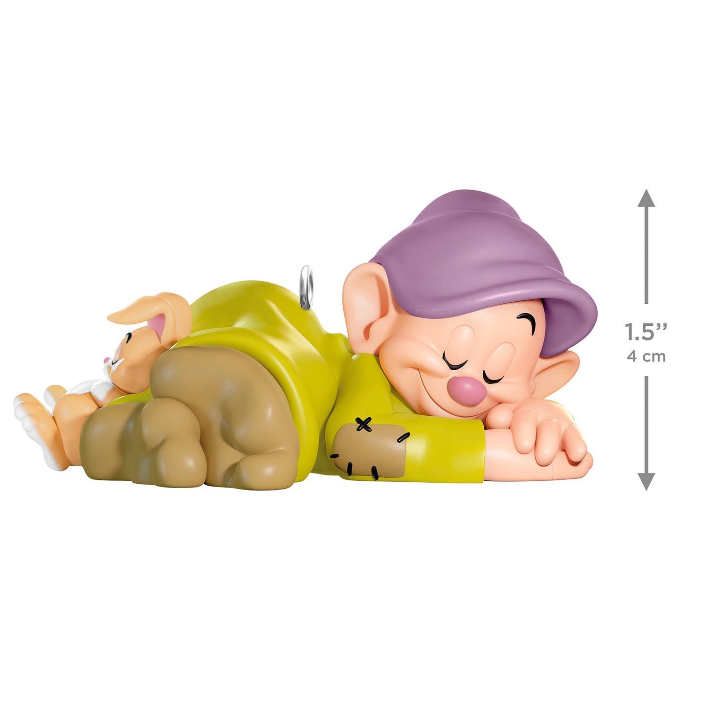 Disney Snow White and the Seven Dwarfs Dozing Dopey — 2026 Hallmark Keepsake Christmas Ornament, 4 cm figurine of Dopey sleeping with a bunny.