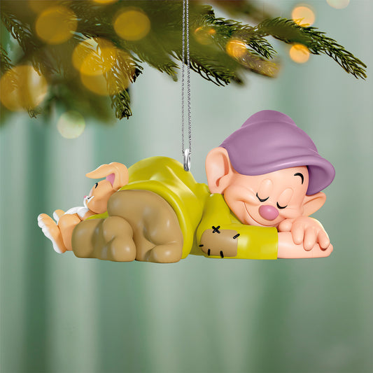Disney Snow White and the Seven Dwarfs Dozing Dopey — 2026 Hallmark Keepsake Christmas Ornament, colourful design, close up of Dopey sleeping with a bunny.
