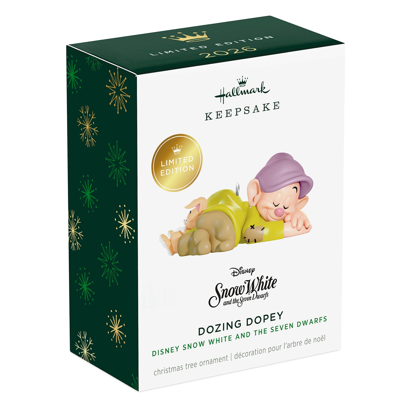 Disney Snow White and the Seven Dwarfs Dozing Dopey — 2026 Hallmark Keepsake Christmas Ornament in limited edition packaging, angled view.