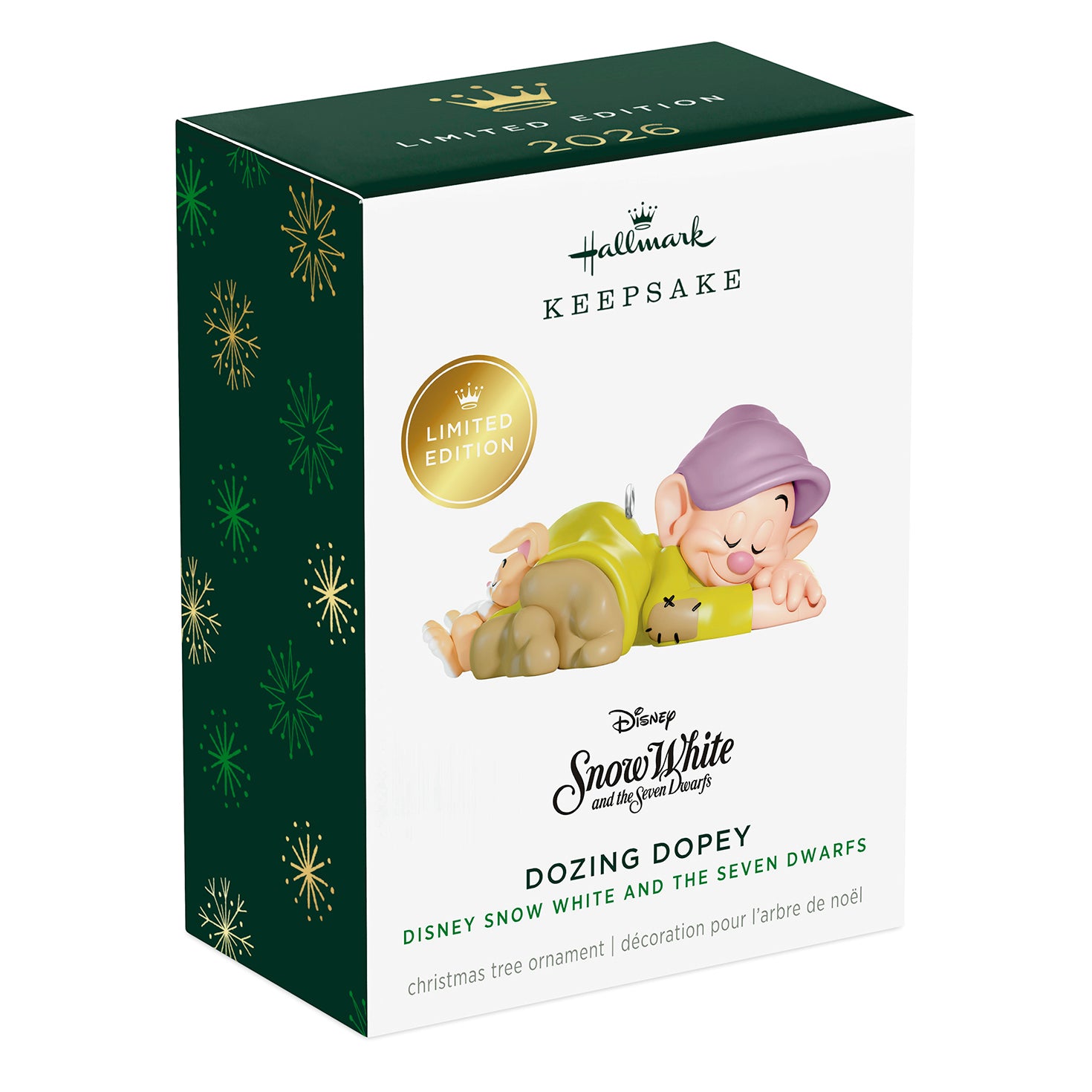 Disney Snow White and the Seven Dwarfs Dozing Dopey — 2026 Hallmark Keepsake Christmas Ornament in limited edition packaging, angled view.
