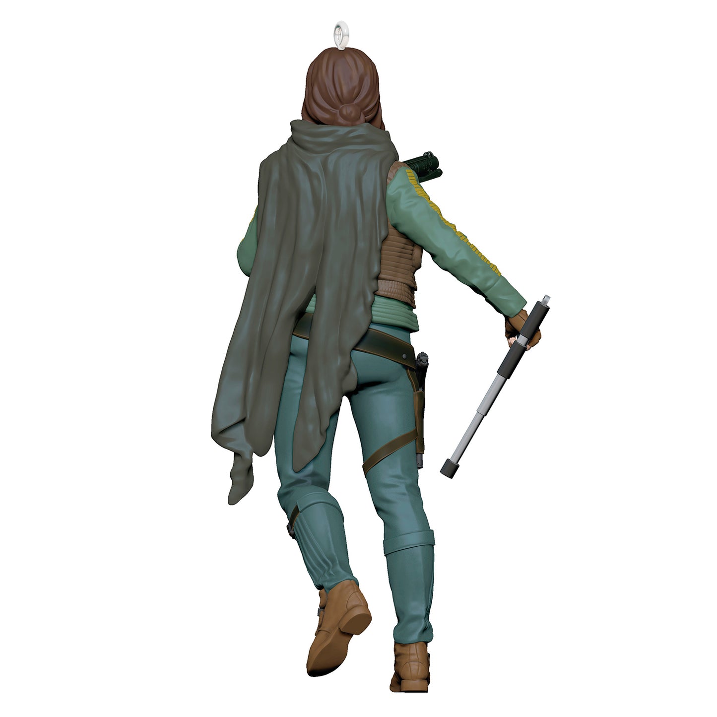 Rogue One: A Star Wars Story 10th Anniversary Jyn Erso — 2026 Hallmark Keepsake Christmas Ornament, rear view with cape detail and blaster.