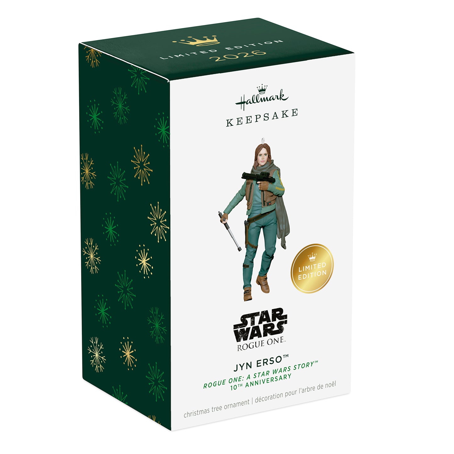 Rogue One: A Star Wars Story 10th Anniversary Jyn Erso — 2026 Hallmark Keepsake Christmas Ornament in festive packaging.