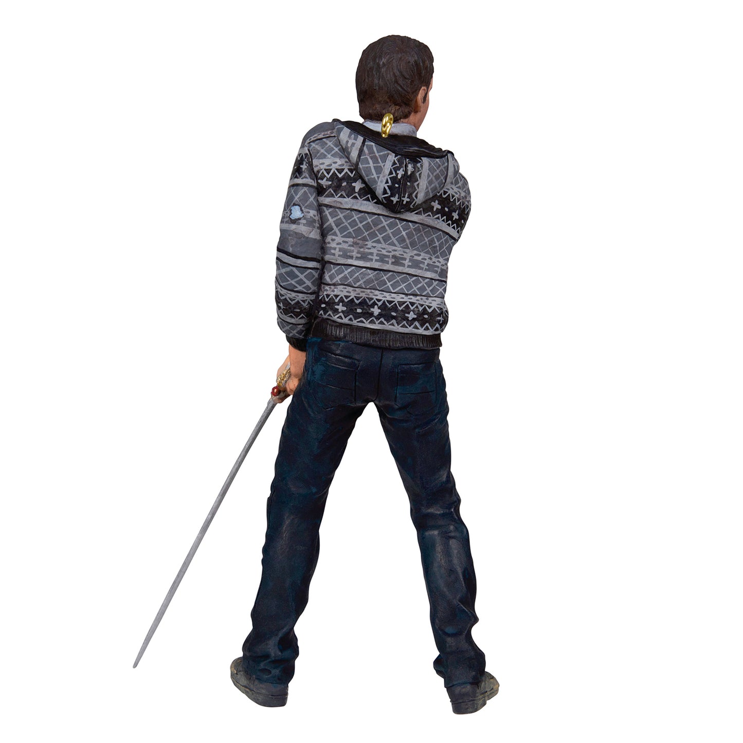 Harry Potter Neville Longbottom — 2026 Hallmark Keepsake Christmas Ornament, detailed figure with a sword, rear view, wearing a patterned hoodie.