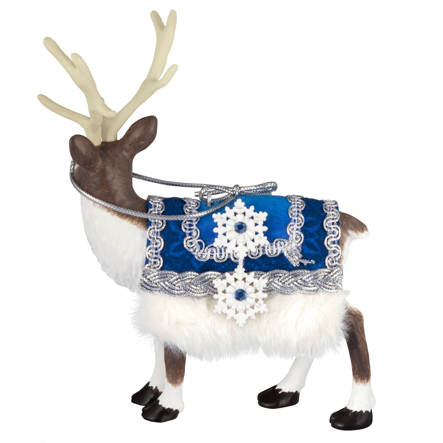 Father Christmas's Reindeer — 2026 Hallmark Keepsake Christmas Ornament features a reindeer with a blue saddle blanket, faux fur, and snowflake details, side view.