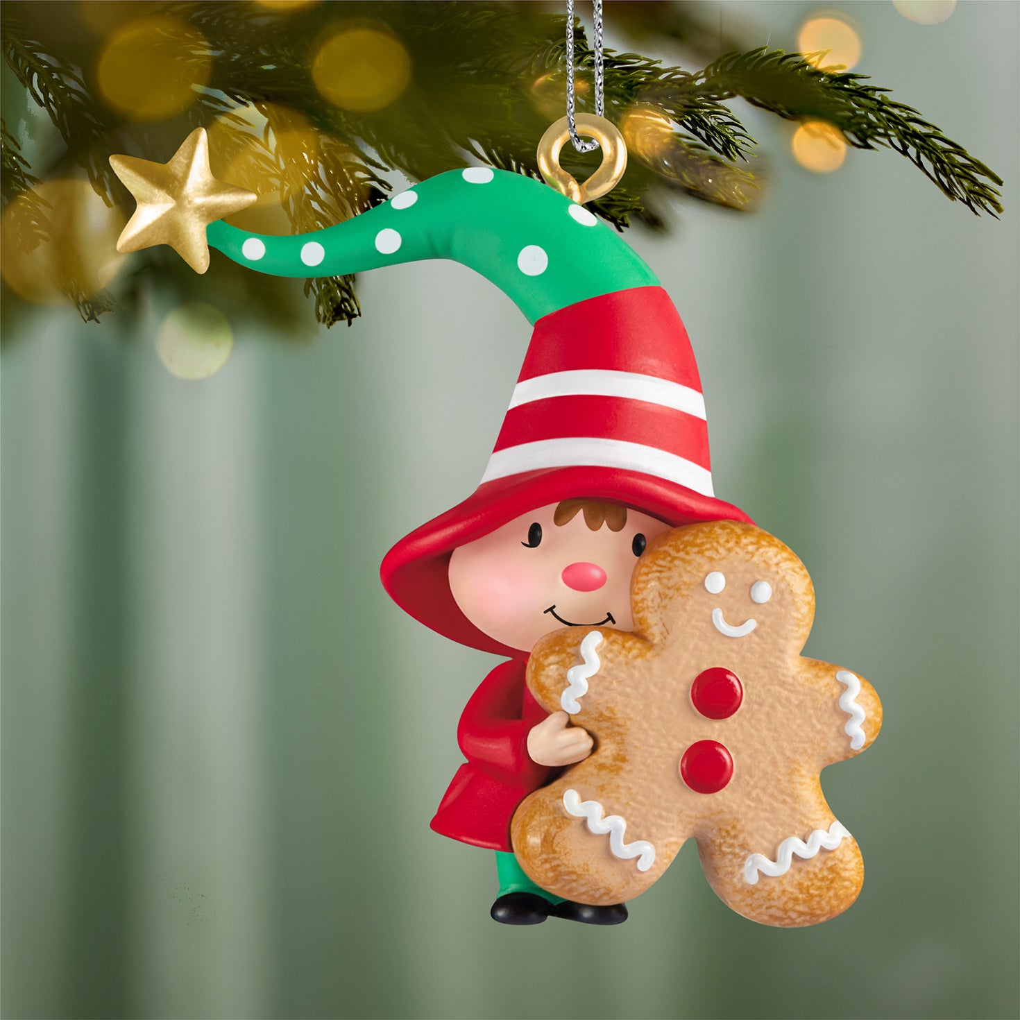 Gnome for Christmas Clove's Favorite Cookie — 2026 Hallmark Keepsake Christmas Ornament featuring a girl gnome in red and green with a gingerbread man cookie.