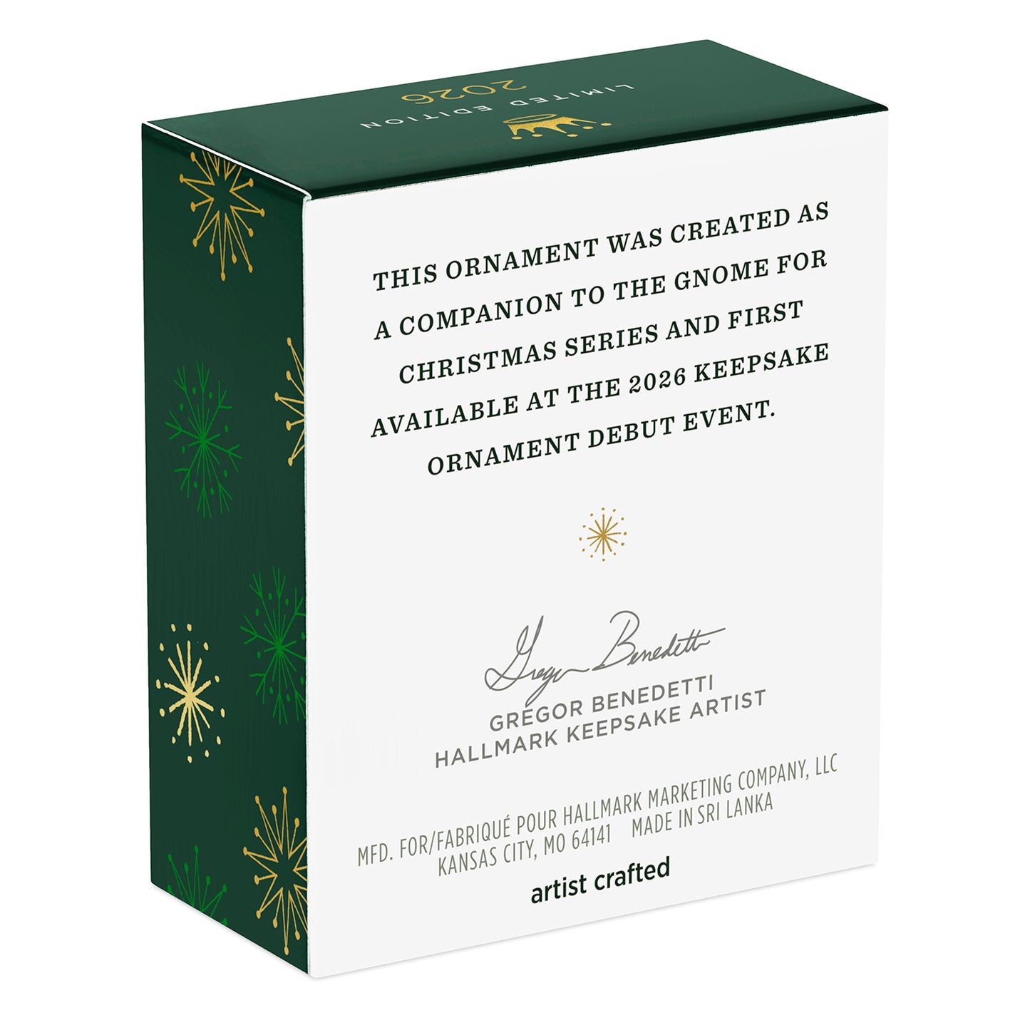 Gnome for Christmas Clove's Favorite Cookie — 2026 Hallmark Keepsake Christmas Ornament box design featuring festive green and gold details, showing artist's signature.