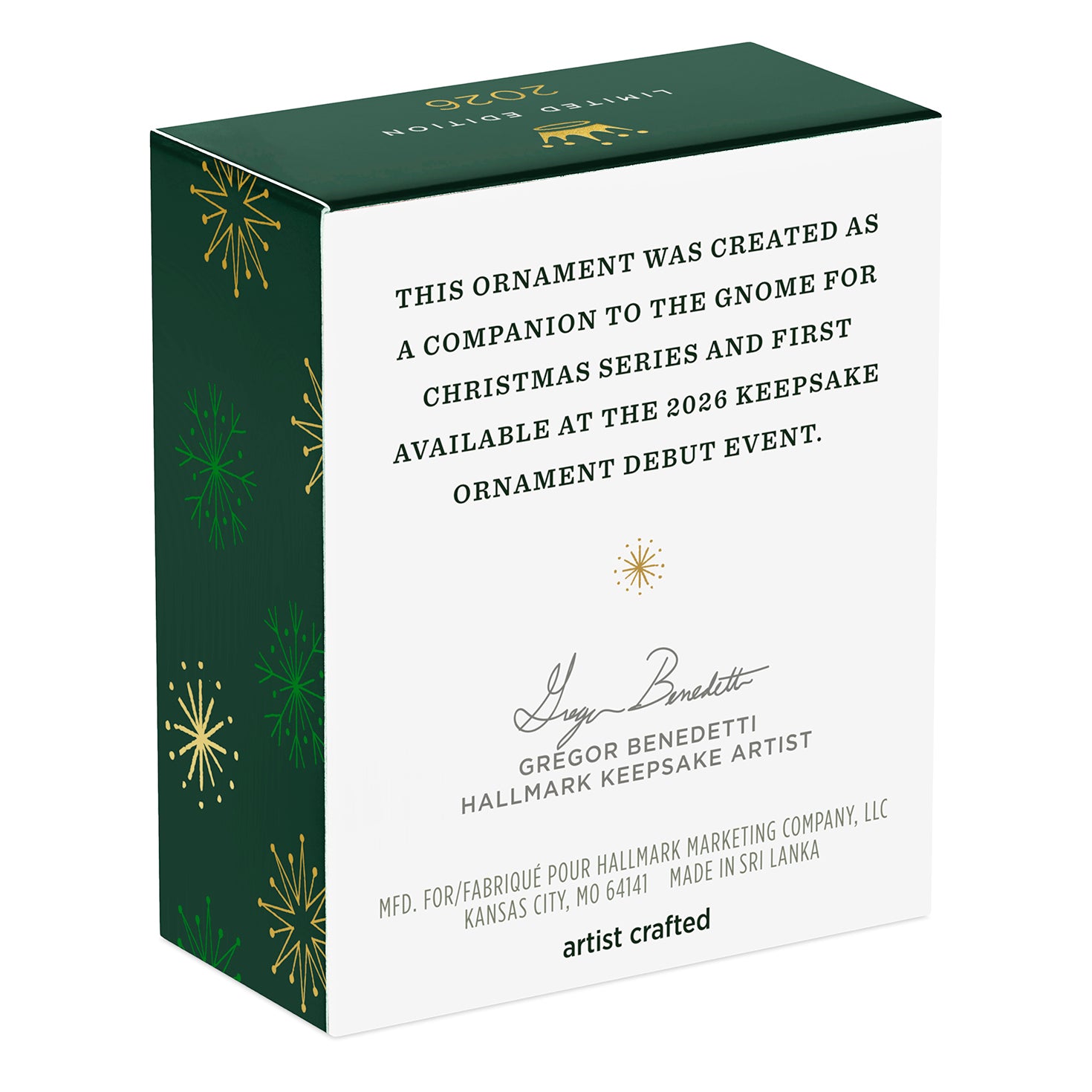 Gnome for Christmas Clove's Favorite Cookie — 2026 Hallmark Keepsake Christmas Ornament box design featuring festive green and gold details, showing artist's signature.