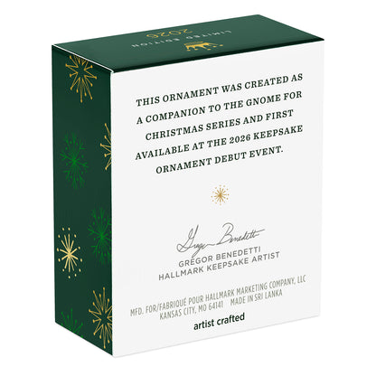 Gnome for Christmas Clove's Favorite Cookie — 2026 Hallmark Keepsake Christmas Ornament box design featuring festive green and gold details, showing artist's signature.