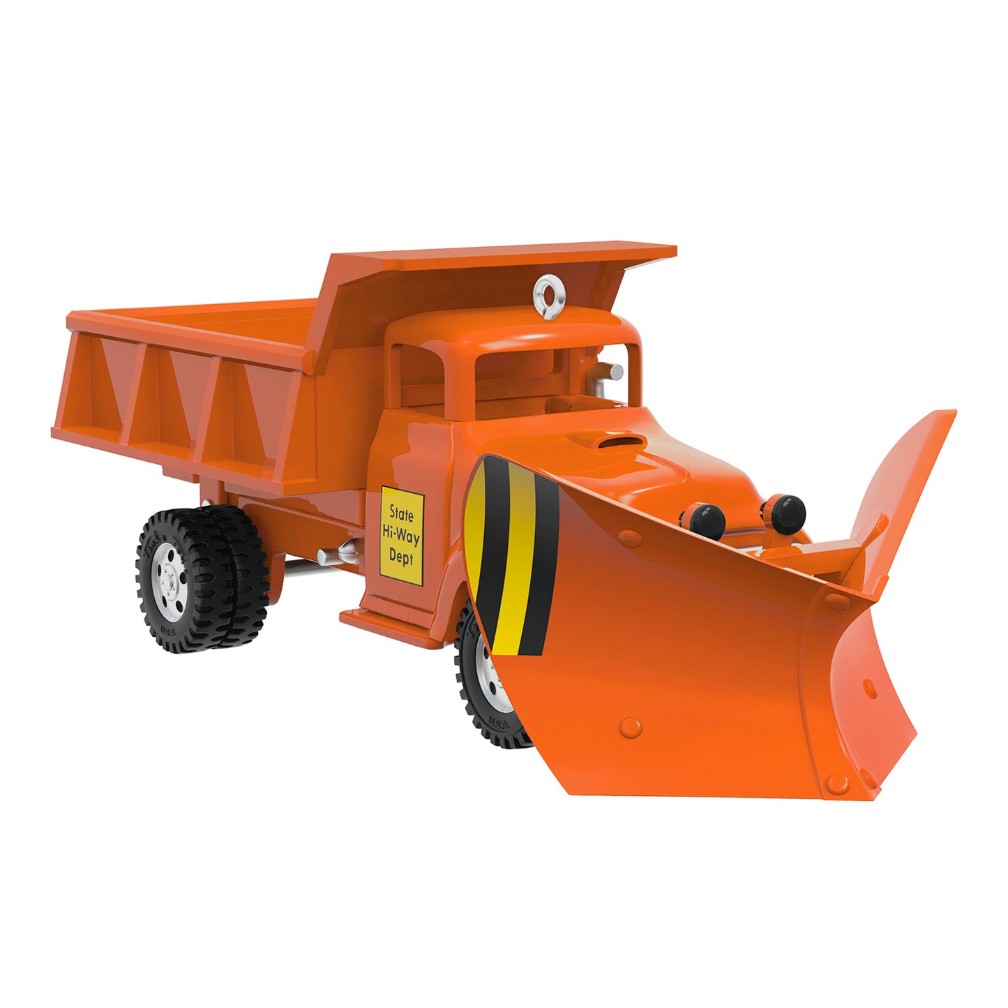 Hasbro Tonka State Hi-Way Dept Dump Truck, Metal — 2026 Hallmark Keepsake Christmas Ornament in vibrant orange with a snowplow attachment, angled view.